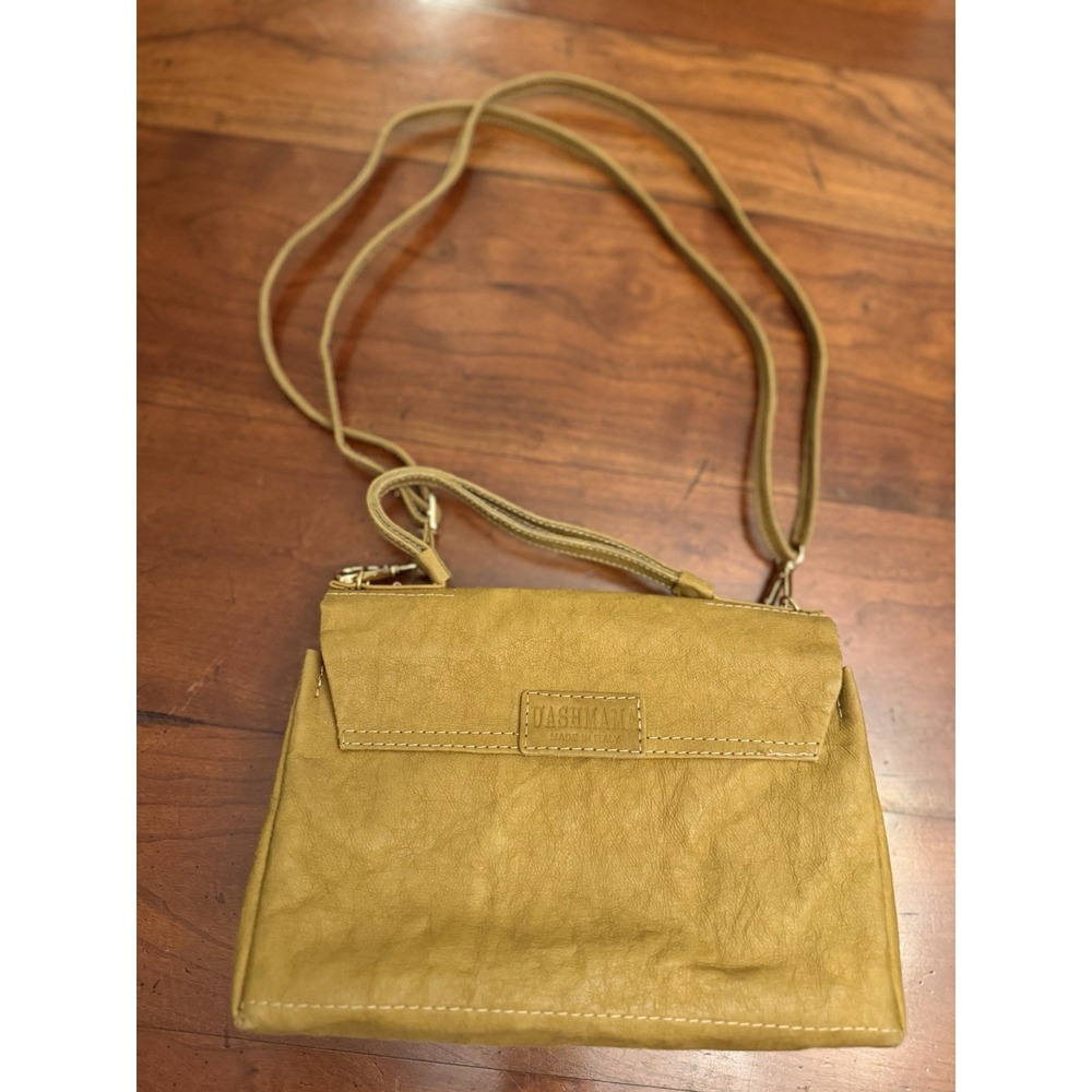 UASHMAMA Italian Washable Paper Crossbody Bag Mustard Yellow Convertible Satchel
